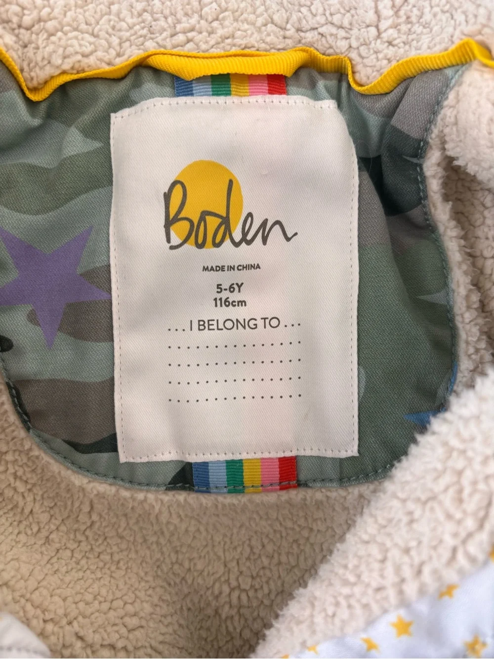 Mini Boden Camo Star Sherpa Lined Jacket 5-6y
